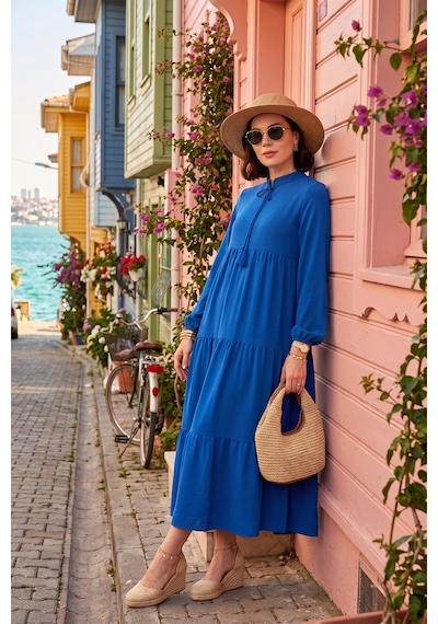 Lela Modest Regular Fit Dik Yaka Uzun Bayan Elbise 611El545 Indigo