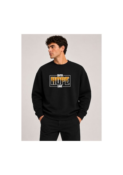 Herkesemoda Hope Desen Baskılı Bisiklet Yaka Şardonlu 2 İplik Sweatshirt Siyah