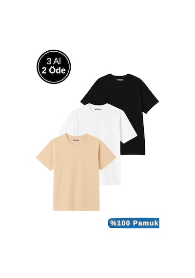 Rich Erkek 3'lü Paket Siyah-beyaz-bej %100 Pamuk Oversize Tişört Basic Bisiklet Yaka Kısa Kollu T-shirt Bej