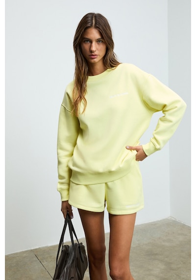 Grımelange Jennıfer Kadın Organik Pamuklu Nakışlı Yuvarlak Yakalı Oversize Sarı Sweatshirt