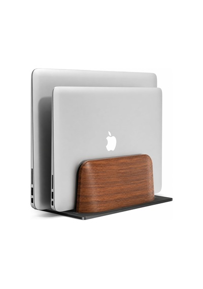 Ahşap Dikey Laptop Standı, Çift Yuvalı 2 Cihazlık Macbook Ve Notebook Tutucu, Masaüstü Organizer, Kaymaz Tabanlı Ahşap Metal Bilgisayar Standı Kahverengi