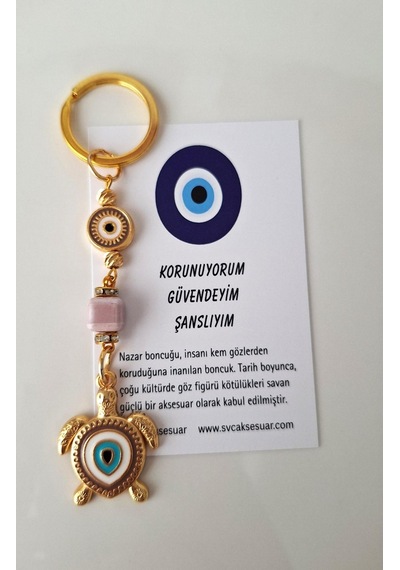 Hediyelik Nazar Boncuklu Bej Kaplumbağa Anahtarlık 10,5 Cm