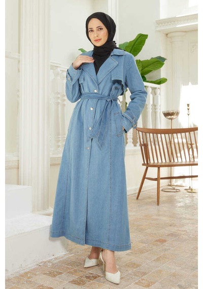 Neways 6458-Battal Allerli Denim Trençkot Mavi Mavi