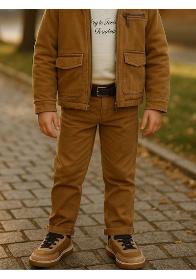 Zekids Erkek Çocuk Yumuşak Dokulu Kemerli Kanvas Pantolon-16326 Camel