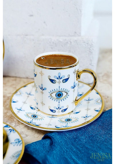 Altın Yaldızlı Nazar Göz Desenli 6 Kişilik Porselen Fincan Takımı 12 Parça Şık Sunum Seti Evil Eye Desenli