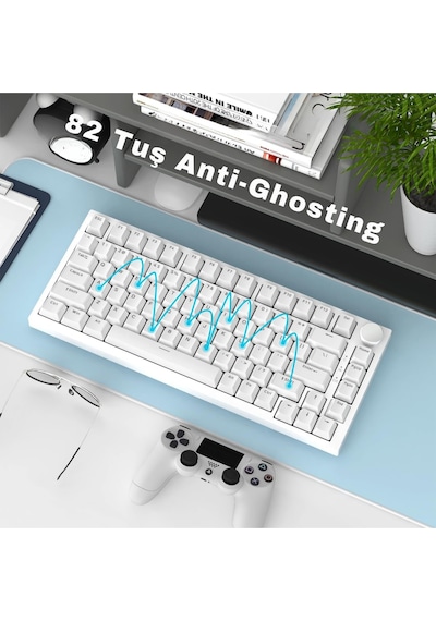 Ak820 Kablolu Mekanik Oyun Klavyesi , Mavi Işıklı, Beyaz, 82 Tuş, Hot Swap, Anti Ghosting