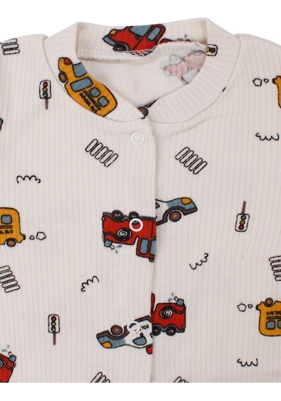 Bebegen Erkek Bebek Bej Otobüs Desenli Manşetli Çıtçıtlı Tulum Çok Renkli