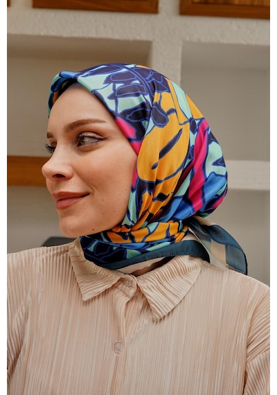 Afvente Yaprak Desen Mavi Soft Pamuk Eşarp