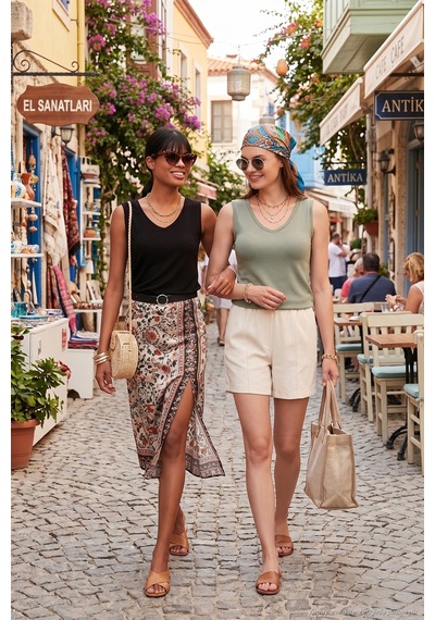 Lela Slim Fit V Yaka Kalın Askılı 2' Li Paket Bayan Bluz 5864384S2 Siyah-Olive