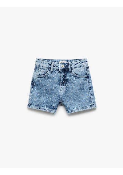Koton Pamuklu Cepli Taş Detaylı Denim Şort Lıght Indıgo 5skg40124ad Açık Mavi