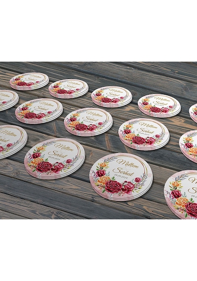 Kırmızı Gül Düğün Etiket Modeli Ürünlerinize Öze 5cm - 40 Adet Opak Sticker Renkli