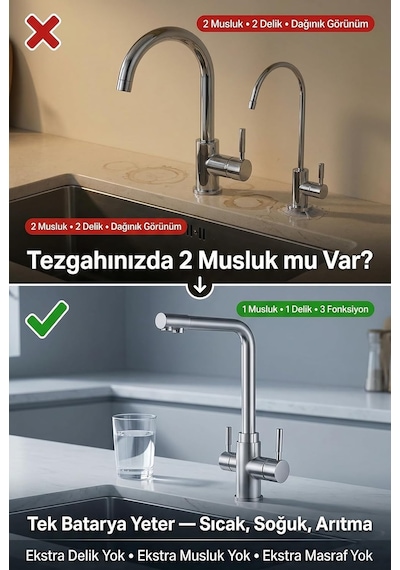 Watalina Lüks Üç Yollu Musluk, Su Arıtma Cihazı Uyumlu, Krom Kaplama, 315 X 270 Mm Diğer