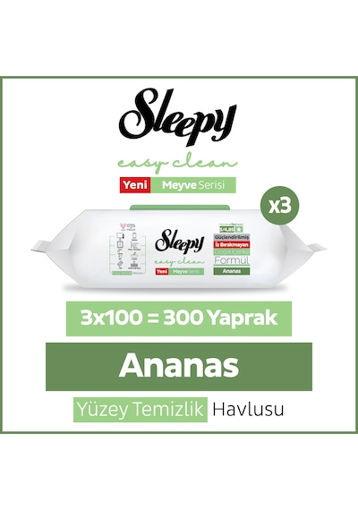 Sleepy Meyve Serisi Yüzey Temizlik Havlusu Mendili Ananas 3x100 300 Yaprak Beyaz