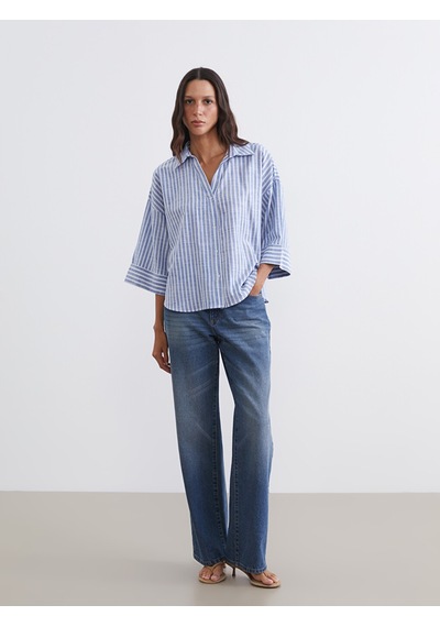 Lcw Vision Mavi Çizgili Oversize Poplin Kadın Gömlek