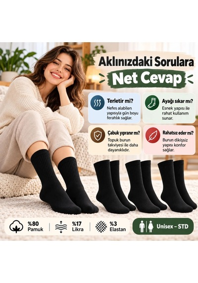 Teorastore Unisex Siyah Soket Çorap 3'lü Set Düz Basic Ribanalı Günlük Spor Esnek Rahat Uzun Çorap Konforlu Set