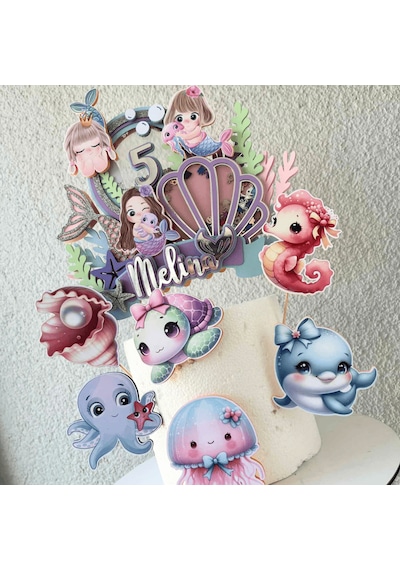 Deniz Kızı Temalı Kız Çocuk Doğum Günü İsme Özel 3d Pasta Süsü Seti Cake Topper Çocuk