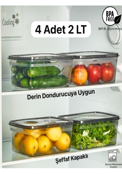 Bayev 4 Adet Huge Füme 2 Lt Buzdolabı Saklama Kabı - Derin Dondurucuya Uygun Sebze Kutusu Çok Renkli