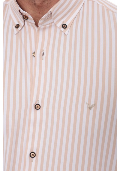 Slim Fit Uzun Kol Likralı Çizgili Yaka Düğmeli Hediye Kutulu Erkek Gömlek Fs-003669 - Bej-2436