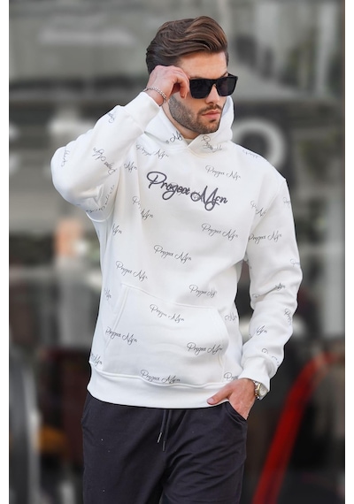 Madmext Ekru Baskılı Kapşonlu Cep Detaylı Erkek Sweatshirt 7075 Ekru