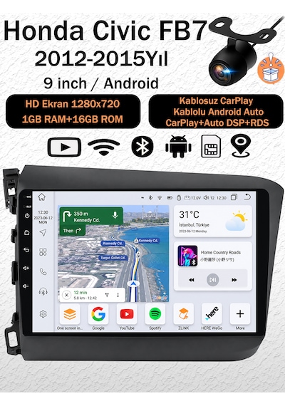 Honda Civic Fb7 2012-2015 Uyumlu 1gb Ram 16gb Android Navigasyon Multimedya Tesla Ekran Android Teyp Double Teyp Kablosuz Carplay Android Auto Bluetooth Wifi Gps Geri Görüş Kameralı 9" Honda Civic Fb7 2012-2015 Uyumlu 1gb Ram 16gb Android Navigasyon Multimedya Tesla Ekran Android Teyp Double Teyp Kablosuz Carplay Android Auto Bluetooth Wifi Gps Geri Görüş Kameralı 9"