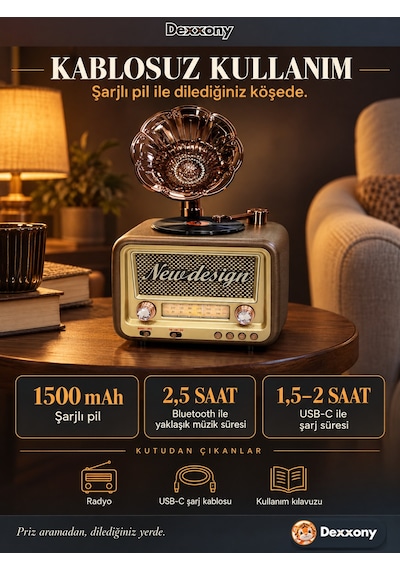Dexxony Dx-2527 Kahve Nostaljik Radyo Gramofon Görünümlü Büyük Boy Şarjlı Bluetooth Hoparlör Fm Usb