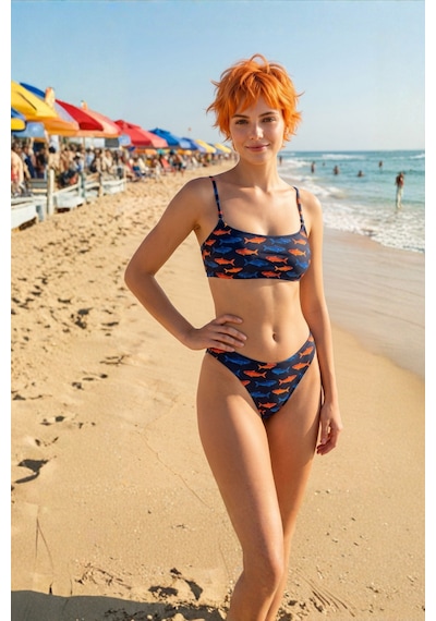 Lespadon Akdeniz Suları Mavi & Kehribar Balık Desenli Premium Üçgen Bikini Altı-3498