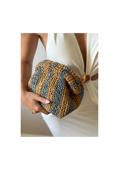 Genel Markalar El Örgüsü Kağıt İp Clutch Çanta Mavi Çizgili Bohem Portföy Kadın El Çantası Turkuaz Turkuaz