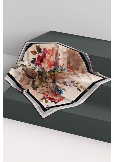 Vissona %100 Twill İpek Bahar Çiçekleri Desenli Siyah - Haki Renkli 90x90 Eşarp Dikim Şekli : El Dikişi Çok Renkli