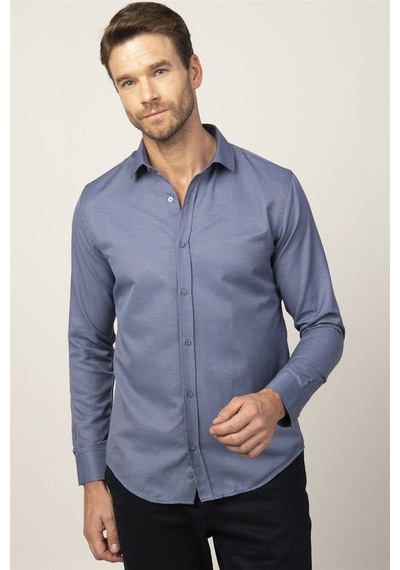 Tudors Slim Fit Dar Kesim Armürlü Erkek Gömlek-16200 Lacivert
