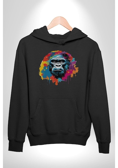 Renkli Maymun Goril Kadın Erkek Siyah Kapüşonlu Sweatshirt Hoodie Siyah