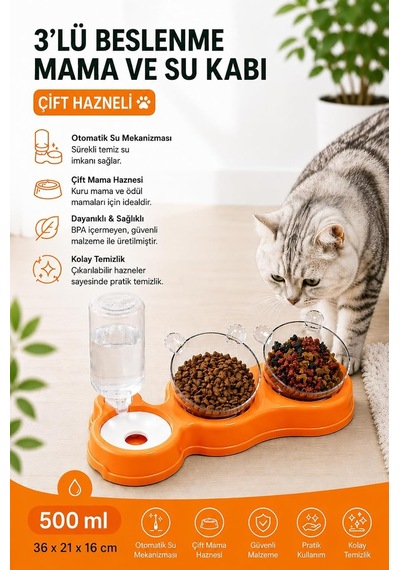 Çift Hazneli- 3' Lü Beslenme Mama Ve Su Kabı Turuncu 500 Ml 36 21 16 Cm Çok Renkli