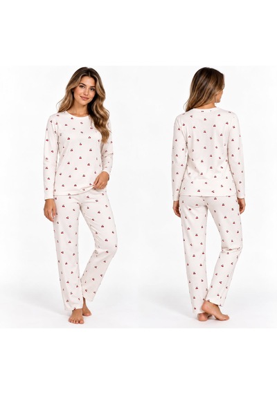 Pijama Denizi Pijama Partisi Kirazlı Pijama Takımı Kadın Açık Krem