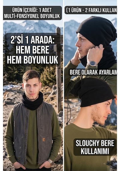 Ritagarcia Erkek Polar Boyunluk Bere 2'si 1 Arada İpli Ayarlanabilir Çok Amaçlı Kışlık Boyunluk Bere Siyah