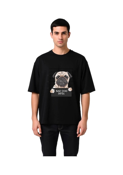 Paybuy Erkek Oversize Tişört Mizahi Köpek Portre Baskısı Rahat Kesim Gün Siyah