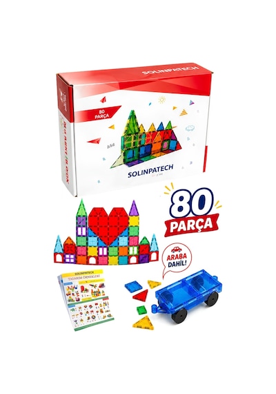 Arabalı 80 Parça 7.5cm Büyük Boy Manyetik Blok Seti | Güçlü Mıknatıslı Zeka Geliştirici Eğitici Oyuncak