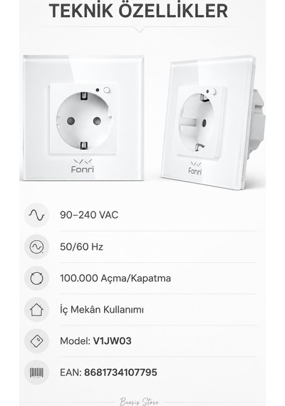 Fonri Wifi Akıllı Duvar Prizi Beyaz Uzaktan Kontrol, Zamanlama, Çocuk Kilidi Tuya Destekli
