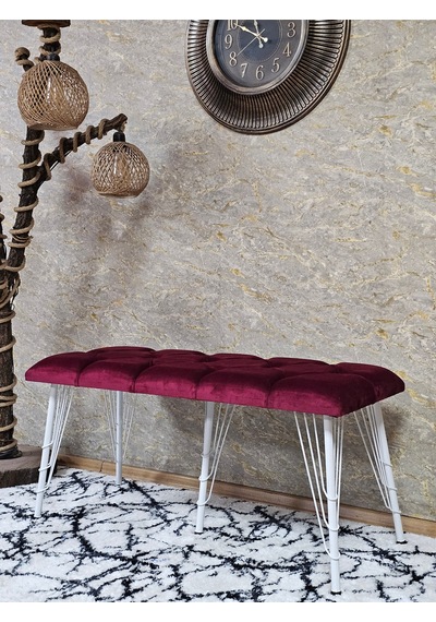 Zafir Metal Beyaz Tel Ayaklı 100 Cm Puf Bench - Puf - Bench - Oturak - Mutfak Oturağı - Antre Oturağı Bordo