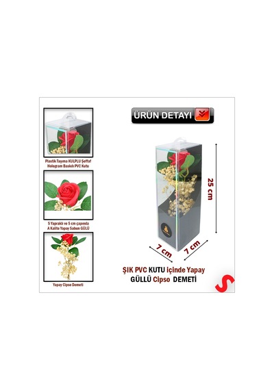 Pvc Kutulu Cipsolu Yapay Kırmızı Gül - 25cm X 7cm