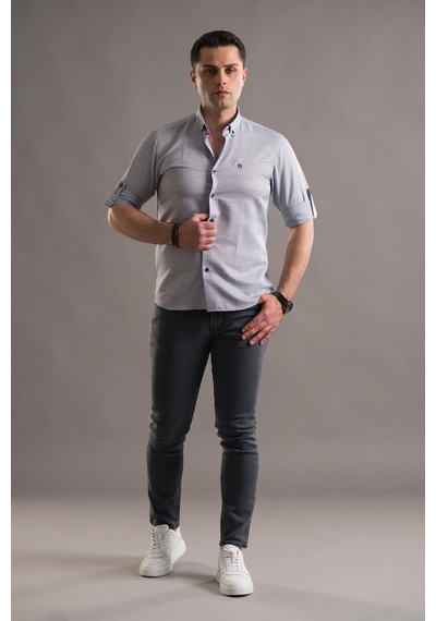 Slimfit Armürlü Yaka Düğmeli Katlamalı Uzun Kol Erkek Gömlek 001
