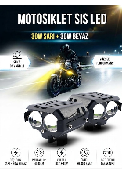 Motosiklet Harici Led Spotlight Sis Farı 30w Beyaz + Sarı + Beyaz-sarı 12v-85v Su Geçirmez