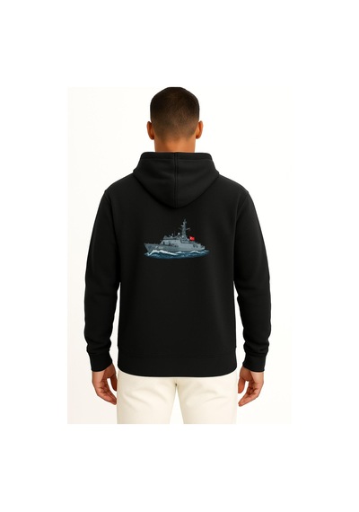 Bahriyeli Collection Kapüşonlu F500 Tcg Bozcaada Savaş Gemisi Cep Ve Sırt Tasarımlı Unisex Sweatshirt Siyah