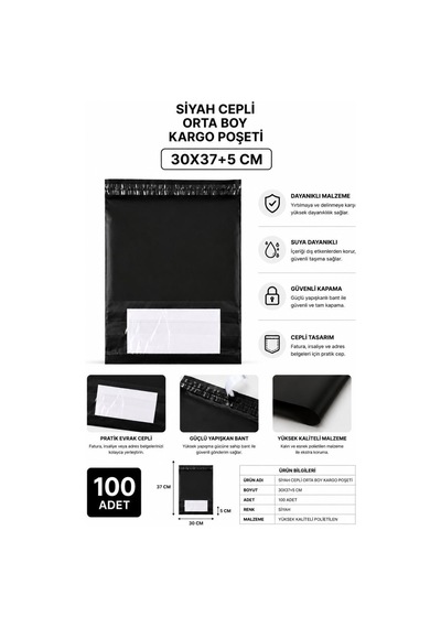 Northcity Siyah Cepli Orta Boy Kargo Poşeti 30x37+5 Cm 100 Adet