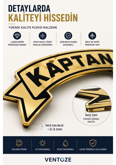Kaptan Kendinden Yapışkanlı Pleksi Sticker Ayna Gold Araç Süsü Tır Kamyon Servis Aracı 21x10 Cm
