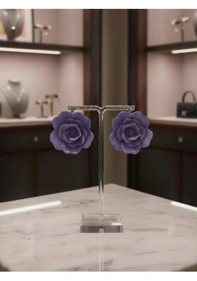 Kadın Küpe Büyük Lila Violet Gül Model - 6 Cm Minimalist Halka/çivili Gül Çiçek Küpe