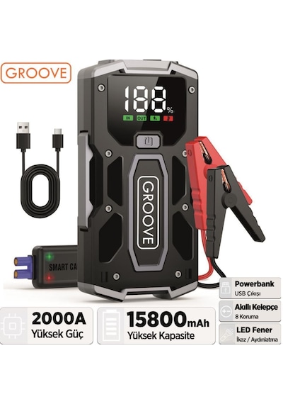 Groove M01 15800mah 2000a Akü Takviye Cihazı Taşınabilir Jump Starter Powerbank+Led Lamba+Lcd Ekran