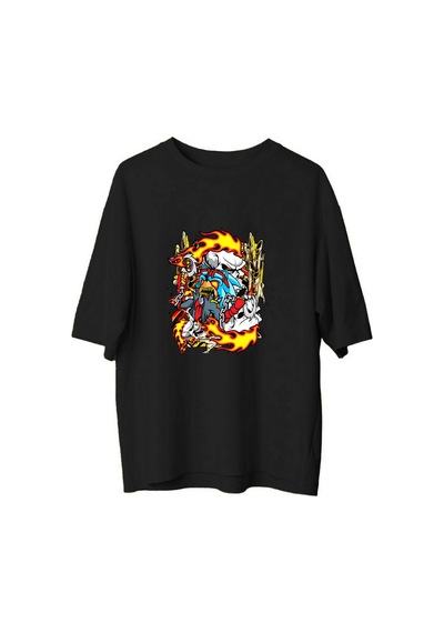 Paybuy Erkek Oversize Baskılı Tişört Alevli Şeytani Tasarım Retro Çizgil Siyah