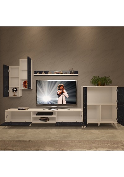 Decoraktiv Eko 6 Mdf Dvd Retro Tv Ünitesi Tv Sehpası Beyaz - Siyah Mermer