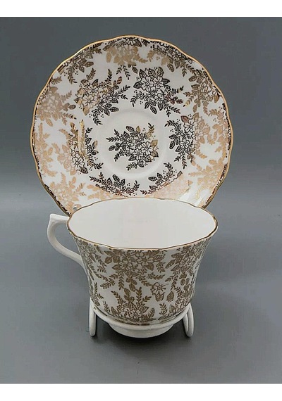 Vintage Porselen Çay Fincanı Ve Tabağı Seti, Altın Yaprak Desenli, Beyaz Ve Gri Çok Renkli