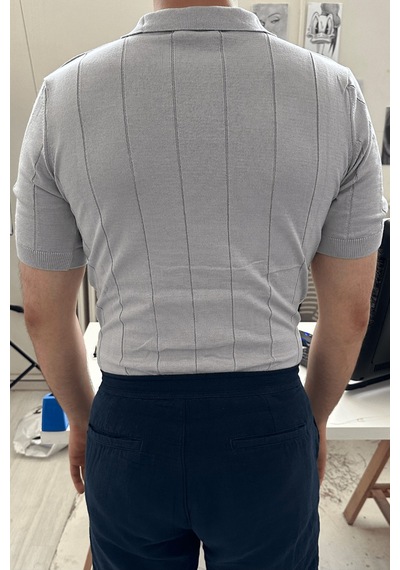 Erkek Çizgili Kısa Kollu Triko T-shirt Gri
