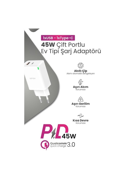 Samsung S25+/s24+/s23+/s25 Fe/tab S9+ İle Uyumlu 45w Pd Şarj Adaptörü, Usb-c Ve Usb-a, Beyaz